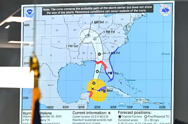 Florida Governor Ron DeSantis speaks during a press conference in Tallahassee, Florida as Hurricane Helene was set to slam into the Florida coast as a "catastrophic" major storm